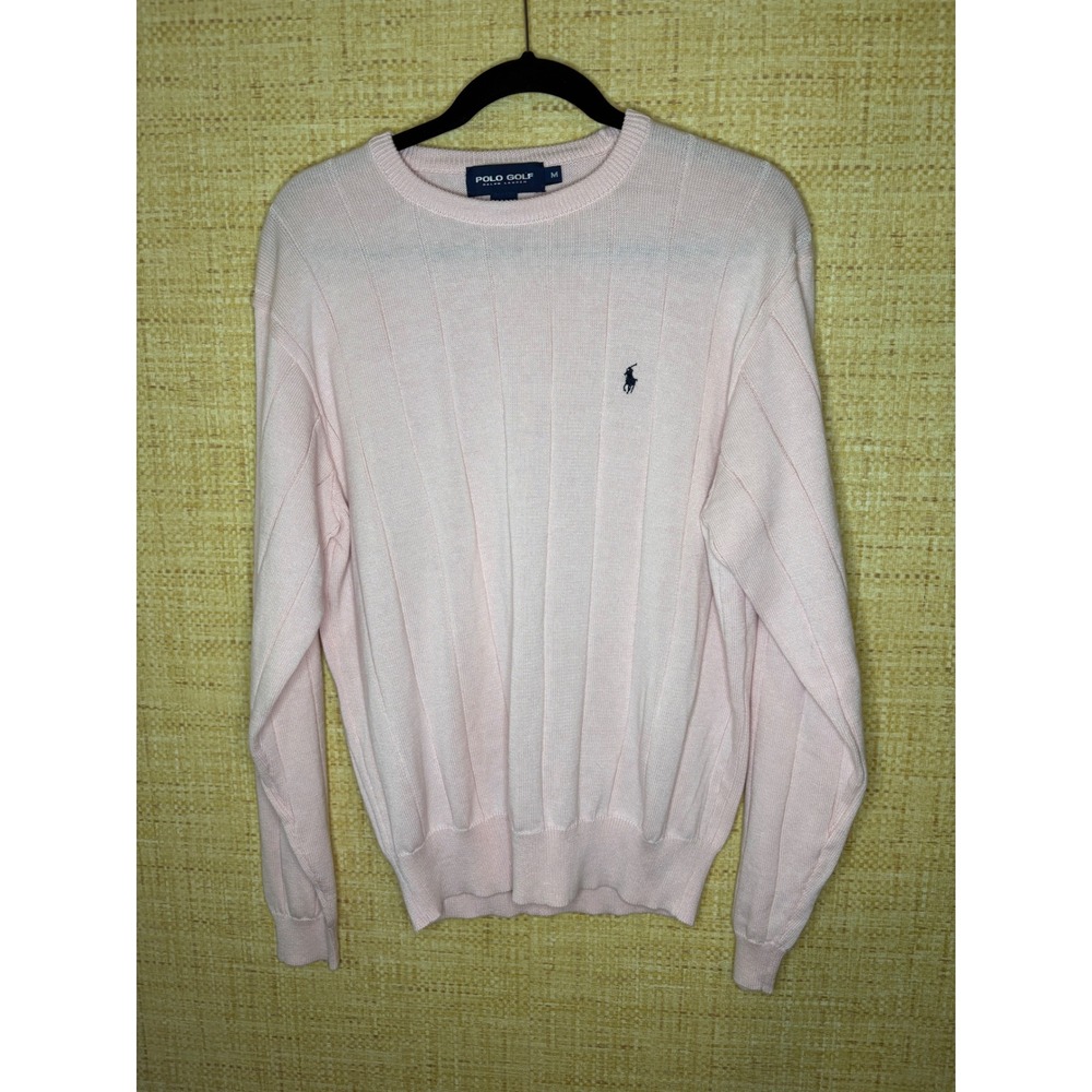 Polo Golf Ralph Lauren Mens Pink Ribbed Cotton Crewneck Sweater Made in USA M